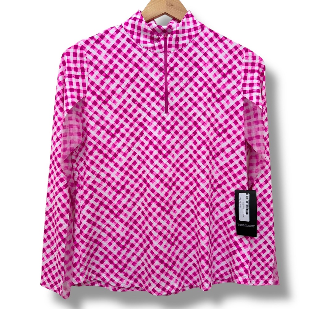 IBKUL Women's Long Sleeve Mock Neck Quarter Zip Golf Tennis Shirt Pink Plaid L